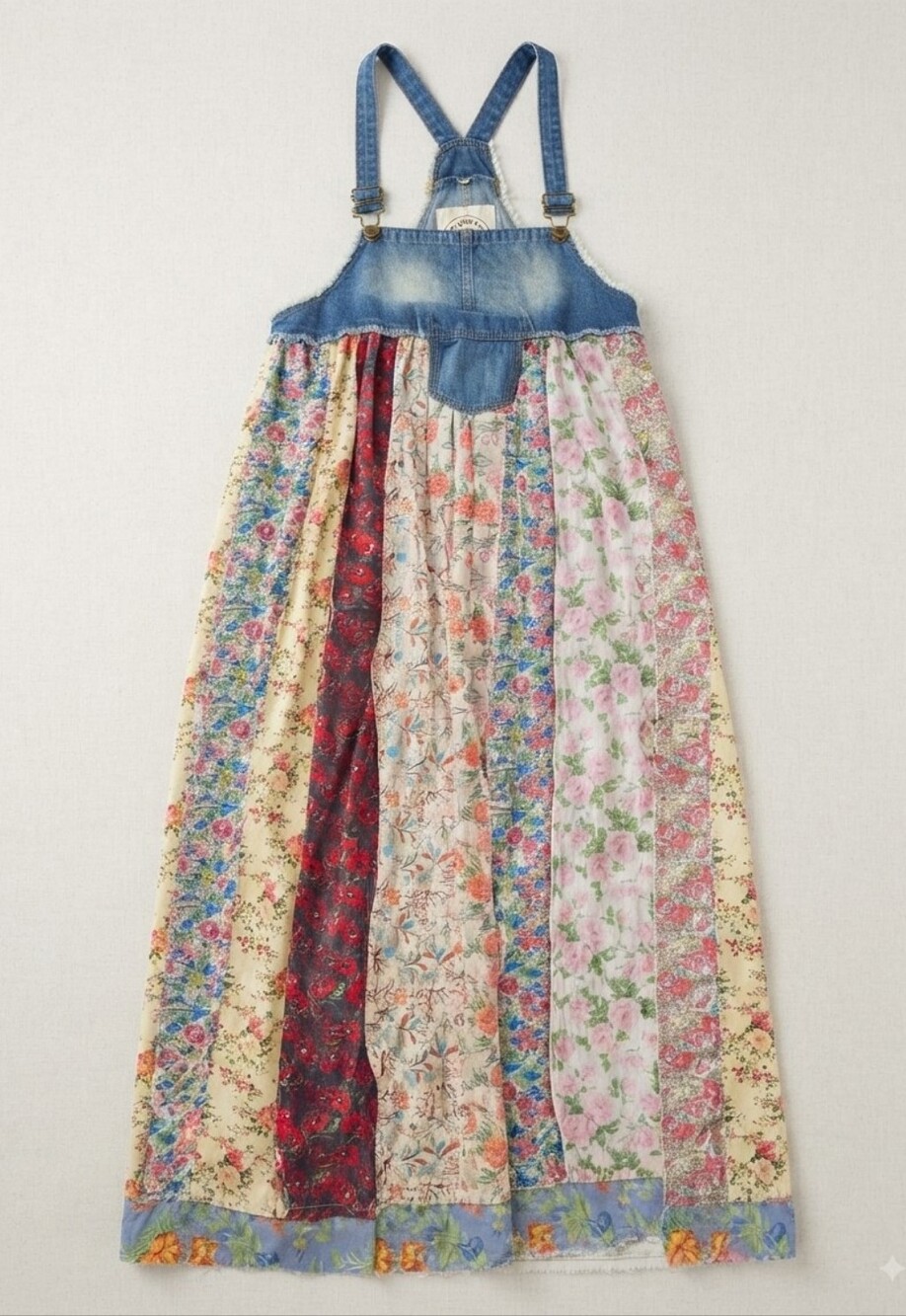 Patchwork Floral Maxi Skirt with Denim Bib - Multicolor - Picture 4 of 12